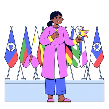 Malala Yousafzai is standing on a stage, wearing a traditional outfit that reflects her cultural heritage. She has a bright smile on her face as she holds a Nobel Prize medal in one hand. The backdrop features an array of colorful flags from various countries, creating a vibrant atmosphere. The stage is well-lit, highlighting Malala and the award as she addresses the audience.