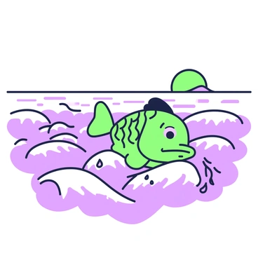 An ocean is depicted with waves that take the shape of tears. Each wave flows gracefully towards the shore. In the center of the scene, there is a giant fish emerging from the water. The fish has intricate scales and a large tail fin. The expression on the fish’s face suggests an emotional depth, and it appears to be releasing tears that blend into the waves. The horizon is visible at a distance where the ocean meets the sky. The overall composition captures the dynamic motion of the water and the fish’s presence.
