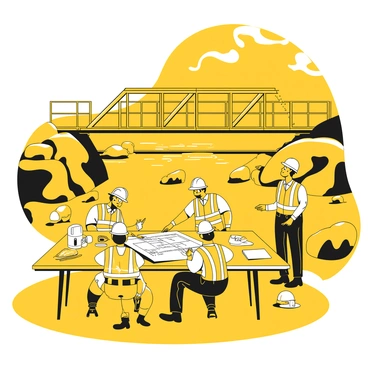 A group of engineers is gathered around a large drafting table covered with blueprints for a river crossing project. They are examining a plan for a temporary footbridge, which is partially constructed across a river. The temporary footbridge is made of metal beams and wooden planks, with safety railings along the sides. In the background, the river flows gently, bordered by trees and rocks. The engineers are wearing hard hats and safety vests, actively discussing and pointing at various features of the bridge design. Tools and equipment are scattered around the site, including a level, measuring tape, and a portable radio.