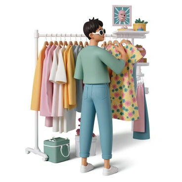 A millennial wearing sustainable clothing while browsing through a thrift shop