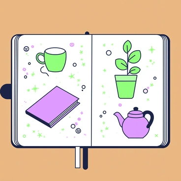 An artist's sketch notebook is open on a wooden table. The pages are filled with quick, detailed illustrations of various everyday objects. There is a sketch of a green coffee cup with a handle on the left page. Beside it, a drawing of a purple book with a visible spine can be seen. On the right page, there is a quick illustration of a green plant in a pot with four visible leaves. Below the plant, there is a sketch of a purple kettle with a spout. Each illustration is surrounded by rough sketches and notes, creating a vibrant and dynamic atmosphere.