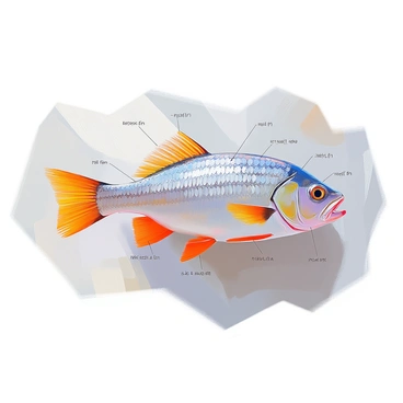 A scientific illustration of a barramundi fish, prominently displayed in a lateral view. The fish is depicted with its distinctive elongated body and large mouth. Each anatomical feature is clearly labeled, including the "dorsal fin," "pectoral fin," "pelvic fin," "anal fin," "caudal fin," "lateral line," "gill cover," and "scales." The skin texture is detailed, showcasing the barramundi's shiny, silver scales that reflect light. The background is clean and minimal, allowing the fish and the labels to stand out for educational purposes.