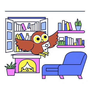 An owl with brown feathers and large, bright yellow eyes is flying through an open window. Inside the cozy wizarding home, there is a warm glow emanating from a fireplace. The walls are lined with shelves filled with assorted magical books and potions. The owl is holding a letter in its beak, which has a wax seal. In the background, there are potted plants on window sills, adding a touch of greenery to the scene. A plush armchair sits nearby, indicating a comfortable space for reading or spellcasting.
