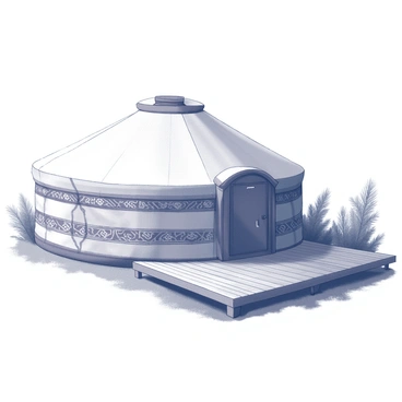 A large yurt stands in the midst of a valley. The yurt features a rounded, sturdy structure with a domed top and is surrounded by a natural landscape. Traditional textiles adorn the exterior, showcasing intricate patterns and textures. The wooden deck extends out from the yurt, elevated slightly above the ground and providing a comfortable space for sitting or enjoying the view. Lush greenery surrounds the yurt, adding a sense of tranquility to the setting.