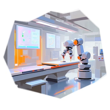 A futuristic factory interior showcasing advanced technology. The scene features multiple holographic displays projecting data and blueprints above various workstations. Automated robotic arms are engaged in assembly tasks, seamlessly moving components along a sleek conveyor belt. The walls are lined with large panels that emit a soft glow, while a clear view of machinery in motion is visible through large glass windows. Bright overhead lights create an efficient and modern atmosphere in the factory.