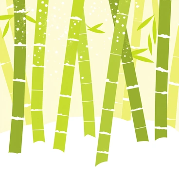 A bamboo forest with tall green stalks standing upright. The bamboo is dusted with white snow, creating a stark contrast between the vibrant green and the pure white. Snowflakes gently rest on the leaves, while the ground is covered in a thick layer of snow. Sunlight filters through the bamboo, casting soft shadows on the snow below.