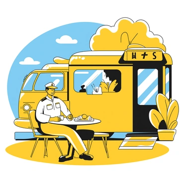 A bus driver sitting at a small table outside a roadside cafe. The driver, wearing a uniform with a cap, has a friendly expression while holding a steaming cup of coffee. He is taking a break, with a bus parked nearby in the background. On the table, there is a plate with a few pastries and a newspaper folded neatly. The cafe features a simple sign above the entrance, and a few plants are placed around the area. A clear blue sky is visible above, creating a peaceful atmosphere.