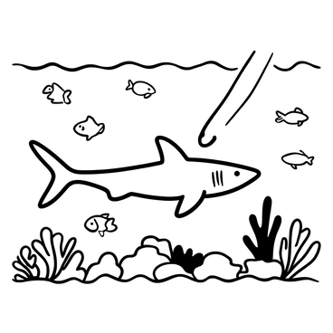 A large shark gliding through an underwater environment, surrounded by various fish. The water is depicted as having ripples and movement to convey a sense of depth. Lines representing sound waves radiate from the shark’s body, illustrating the concept of sonar detection. Small fish are seen reacting to the vibrations in the water. A detailed seafloor with rocks and coral can be seen below, providing a natural habitat setting. The overall composition emphasizes the shark's graceful movement and the interaction with its surroundings.
