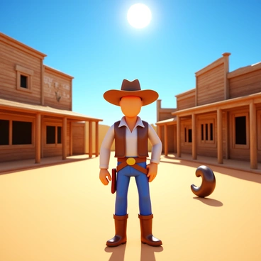 A cowboy standing confidently in the center of a dusty old western town. He is wearing a wide-brimmed hat, a leather vest, and rugged boots. The sun is directly overhead, casting sharp shadows on the ground. In the background, there are wooden buildings with peeling paint and a saloon with swinging doors. Dust swirls around the cowboy's feet, and a tumbleweed rolls past. The tension in the air is palpable as another cowboy approaches, ready for a showdown. The sky is clear blue, emphasizing the starkness of the scene.