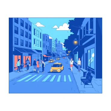 A blue city street is filled with people walking and chatting during the day. There are storefronts with colorful awnings, and a few yellow taxis are driving by. The sun is shining, casting shadows on the pavement. As the scene transitions, the sky becomes darker, and the streetlights start to glow with a warm orange light. The sidewalks clear as fewer people remain, and a few benches are left empty. The storefronts are closed, and a gentle breeze ruffles the leaves of nearby trees, highlighting the shift from the lively day to the tranquility of the night.