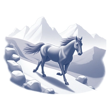 A horse galloping along a winding mountain trail. The horse has a powerful build and flowing mane, exhibiting strength and grace as it moves. The trail curves through a rugged landscape, with rocky outcrops on either side. In the background, towering mountain peaks rise dramatically, their jagged edges contrasting with the smoother slopes. The scene conveys a sense of motion and adventure in a wild and untamed environment.