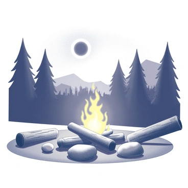 A campfire is crackling in the center of the image, surrounded by several large, smooth stones arranged in a circular pattern. Flames are dancing upwards, casting flickering shadows around. In the foreground, a couple of logs are positioned nearby, serving as seating for individuals gathered around the fire. 

In the background, a solar eclipse is occurring, with the moon partially obscuring the sun, creating a dramatic contrast in the sky. The area around the campfire is filled with silhouettes of trees, their dark shapes framing the scene. The atmosphere conveys a sense of gathering and connection amidst the natural surroundings.