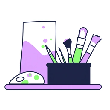 A black box filled with colorful paintbrushes and pencils on an artist's desk