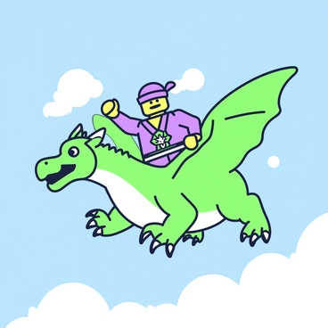 A Ninjago character is soaring through a clear blue sky. The character is dressed in a traditional ninja outfit, complete with a mask and an emblem on the chest. Below him, a majestic dragon spreads its wings wide, gliding effortlessly through the air. The dragon has intricate scales and a fierce expression, with its claws extended as it flies. Wispy clouds float in the background, adding depth to the scene. The sun casts dynamic shadows, highlighting the character's determined expression as he holds onto the dragon’s neck.