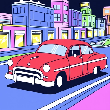 A vintage car with a sleek design, painted in a glossy red color, drives along a bustling city street. The car has chrome accents and round headlights, exuding a retro feel. Surrounding the car, tall buildings are adorned with vibrant neon lights in shades of blue, pink, and green, creating a lively atmosphere. The street is lined with small shops displaying neon signs, casting colorful reflections on the shiny surface of the car. In the background, a twilight sky adds a soft glow to the scene, enhancing the bright lights of the city.
