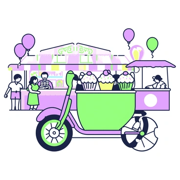 A tricycle is positioned prominently at a street fair. The tricycle has three wheels and a bright frame. On the front basket, there are several delicious-looking cupcakes, each with colorful frosting and decorative sprinkles. The cupcakes are arranged neatly, showcasing various flavors. Behind the tricycle, people are seen enjoying the festivities, with stalls in the background selling different treats and games. Brightly colored balloons are floating in the air around the scene, adding to the festive atmosphere.