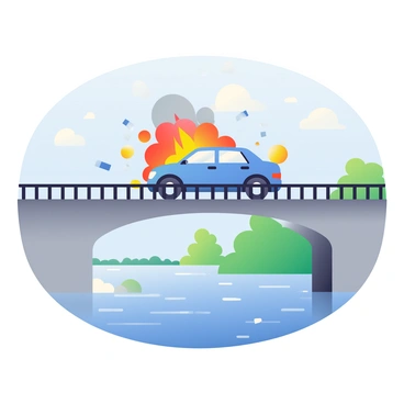A car exploding on a bridge with a river flowing beneath
