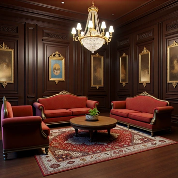 A Victorian-style lounge featuring rich, dark wood paneling and intricate carvings. The room is furnished with plush, deep red sofas adorned with ornate patterns and gold accents. A large, elegant wooden coffee table sits in the center of the seating area. The floor is covered with a richly patterned area rug that complements the colors of the sofas. A grand chandelier with multiple arms hangs from the ceiling, sparkling with crystals and casting a warm light over the room. Walls are decorated with vintage artwork and framed mirrors, enhancing the opulence of the space.