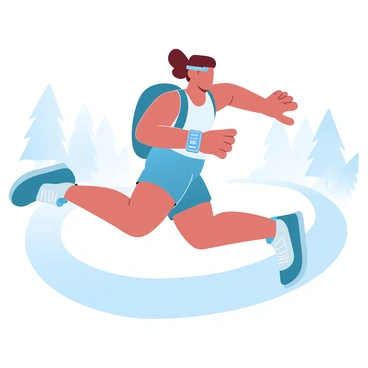 A runner in athletic gear is checking a fitness app displayed on their smartwatch while in motion. The runner is wearing a fitted tank top and running shorts, with a small backpack secured on their back. They are on a winding path surrounded by trees and greenery. The smartwatch is prominently visible on their wrist, showing various statistics and metrics related to their run. Strides are captured mid-motion, conveying the sense of an active exercise session.