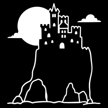 A dark, mysterious gothic castle perched on a cliff, with tall spires and intricate stonework visible against the night sky. The castle's silhouette is illuminated by a full moon, casting shadows over the cliffside. Wispy clouds drift across the moon, creating an ethereal atmosphere. Below, jagged rocks can be seen at the base of the cliff, with a hint of dark water reflecting the moonlight. The castle windows are arched and appear dark and foreboding, enhancing the sense of mystery.