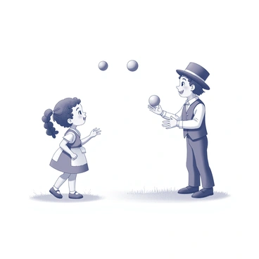 A little girl is standing in a grassy area, her eyes wide with fascination as she watches a circus performer. The performer is dressed in a classic circus outfit, complete with a vest and a top hat. He is in the center of the scene, skillfully juggling several balls in the air. The girl has curly hair tied back with a ribbon, and she is wearing a simple dress. Her expression shows joy and amazement as she focuses intently on the performer. The atmosphere is lively and engaging, capturing the excitement of a circus performance.
