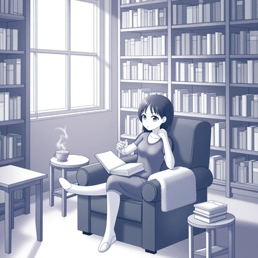 Ichinose is seated in a large, comfortable armchair, nestled in a cozy library filled with tall shelves stacked with books. The library has warm wooden tones, and there are small tables scattered throughout, some holding reading lamps. A soft, plush blanket is draped over the arm of the chair. Ichinose has a thoughtful expression, with their gaze directed towards an open book resting on their lap. Nearby, a small side table holds a steaming cup of tea. A window with soft light filters through, casting gentle shadows across the room.