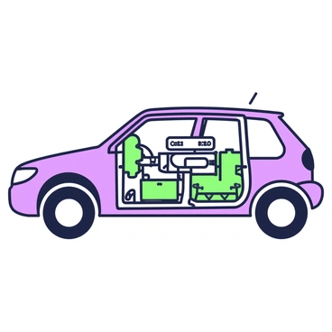 A cutaway view of a car is displayed, revealing the internal workings of the engine. The car is shown from the side, with its exterior body partially transparent to highlight the engine components. The engine is detailed with various parts such as the cylinder block, pistons, crankshaft, and camshaft, all clearly labeled. The surrounding elements include the fuel tank and battery, positioned in their respective compartments. The transmission is visible, connecting the engine to the wheels, which are partially shown beneath the cutaway. The car's tires are depicted on the ground.