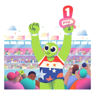 An alien with bright green skin and large, expressive eyes is enthusiastically holding a large foam finger that reads "1" in bold letters. The alien is wearing a colorful jersey adorned with stars and planets, and its tentacle-like arms stretch high above its head. Surrounding the alien are diverse alien spectators with various skin colors and features, all engaging in the excitement of the event. In the background, a vibrant intergalactic sports arena is filled with floating banners and energetic lights, creating a lively atmosphere.