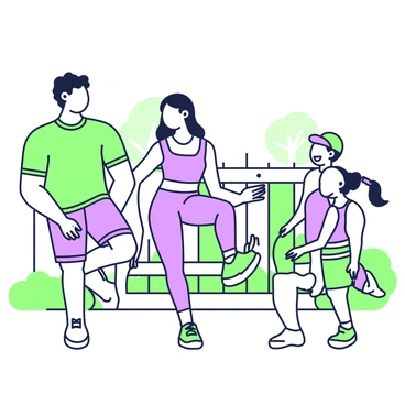 A family is in their backyard performing high knees together. The father is on the left, wearing a green t-shirt and shorts, with a focused expression as he lifts his knees high. Next to him, the mother is wearing a purple tank top and leggings, smiling as she joins in the exercise. Their two children, a boy and a girl, are on the right side, both laughing while attempting to keep up. The boy is wearing a green cap and a purple shirt, while the girl has a purple bow in her hair and is dressed in green shorts. In the background, there is a wooden fence and a few trees, adding to the family-friendly atmosphere.