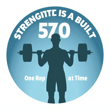 A silhouette of a person mid-deadlift, showcasing a strong posture with arms extended downwards holding a barbell. The person's muscles are defined, indicating strength and determination. The background is a gradient transitioning from deep blue at the top to light blue at the bottom. Surrounding the silhouette, the phrase "Strength is Built" is displayed prominently in bold, white letters at the top. Below the figure, the words "One Rep at a Time" are featured in smaller, white letters.