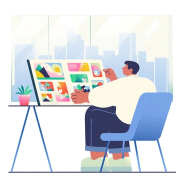 An illustrator with light skin and short black hair is seated at a table during a job interview in Vancouver. They are wearing a white shirt and dark jeans. On the table in front of them is a large, open portfolio showcasing colorful illustrations. The portfolio contains various images, including character designs, landscapes, and editorial illustrations. The background features a large window that allows natural light to illuminate the room, with a skyline view of Vancouver visible in the distance. A small potted plant sits on the corner of the table, adding a touch of greenery to the scene.