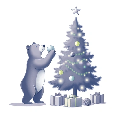 A bear standing on its hind legs next to a Christmas tree. The tree is filled with “colorful ornaments” and “twinkling lights.” The bear is reaching up to hang a “shiny ornament” on one of the branches. The surrounding area includes a few scattered presents wrapped in festive paper. There are also pine cones and strands of garland draped around the base of the tree.