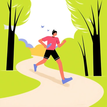 A lone jogger wearing a bright red shirt and black shorts runs along a winding forest trail. The trail is surrounded by tall green trees with lush foliage, and the ground is covered in light brown dirt. Soft rays of early morning sunlight filter through the leaves, casting dappled light on the jogger. In the background, the sky transitions from deep blue to warm orange and pink hues as the sun rises. The jogger appears focused and determined, with hair tied back and a water bottle strapped to their waist. A few small birds can be seen flying above, adding to the peaceful atmosphere.