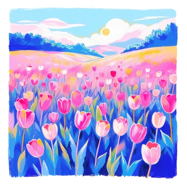 A wide field filled with blooming "pink tulips" stretches across the landscape. The tulips are in full bloom, showcasing various shades of pink, from soft pastels to vibrant hues. Each flower stands tall with green stems and lush foliage surrounding them. The tulips sway gently in the breeze, creating a wave-like motion throughout the field. In the background, a clear blue sky is visible, enhancing the bright colors of the tulips. The sun casts a warm light, illuminating the petals and creating a soft glow.