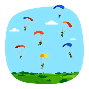 Paratroopers in camouflage uniforms are descending from a clear blue sky. Each paratrooper has a fully deployed parachute above them, displaying vibrant colors such as red, blue, and yellow. The soldiers are in various poses, some looking down while others appear to be adjusting their gear. Below, a green landscape is visible, dotted with patches of trees and fields. The sunlight casts shadows on the ground as the paratroopers float gently towards their landing zone.