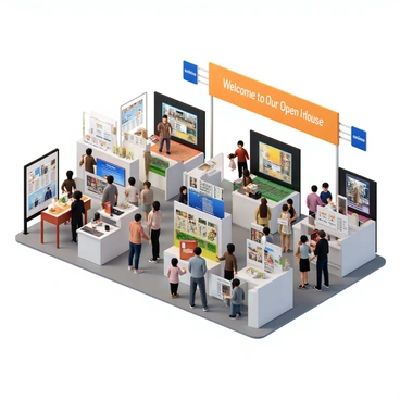 A virtual open house event showcasing an online art school. The scene features a spacious, digital exhibition hall filled with colorful interactive booths. Each booth is dedicated to different art disciplines such as painting, sculpture, and digital art. Avatars of diverse individuals, including students and instructors, are seen engaging with the booths, exploring exhibits, and participating in live demonstrations. Bright banners display the words “Welcome to Our Open House” above the entrance. There are screens showing video presentations and art portfolios, alongside tables with virtual brochures and informational materials about courses offered. The atmosphere is lively, with avatars interacting and exploring the creative environment.
