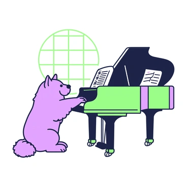 A chow chow is sitting beside a grand piano. The dog has a fluffy mane surrounding its face, emphasizing its distinctive features. The grand piano has an elegant design with polished wood grain, and its lid is slightly raised. The chow chow is gently pressing the keys with its front paws, creating a moment of interaction between the dog and the instrument. A few sheet music pages are scattered on the piano, displaying notes. The scene is set in a warmly lit room, with a cozy atmosphere.