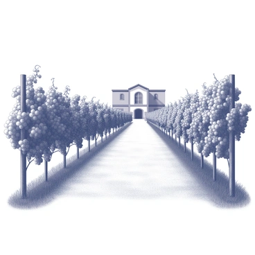 A pathway extends through a vineyard, bordered by neatly arranged rows of grapevines. Each vine is laden with clusters of grapes, displaying a lush and abundant harvest. The vineyard stretches into the distance, leading to a winery that stands prominently at the far end. The winery features a classic architectural design with arched windows and a welcoming entrance. The pathway is well-defined, winding gently through the vineyard, inviting exploration. The scene captures the essence of agricultural beauty and the tranquility of rural landscapes.