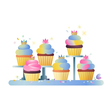 A variety of cupcakes are arranged on a dessert table. Each cupcake is frosted with vibrant colors, featuring swirls of pink, blue, and yellow icing. On top of each cupcake, there are small edible crowns made of gold and silver sugar that sparkle under the light. The cupcakes are placed on tiered stands, with the tallest tier showcasing the most elaborately decorated ones. Surrounding the cupcakes, there are decorative elements such as colorful sprinkles and small, delicate flowers scattered across the table. The backdrop is softly blurred, ensuring the focus remains on the beautifully decorated cupcakes.