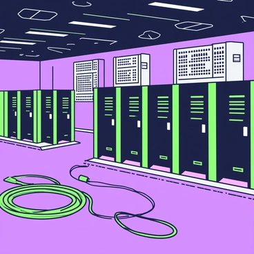 A data center is filled with rows of servers, each unit sleek and metallic. The servers are positioned in neat lines, illuminated by numerous flashing LED lights that create a captivating visual effect. The environment is dim, enhancing the glow of the lights, which are scattered across the machines. In the foreground, there are cables neatly organized, while the backdrop features a series of cooling units. The overall composition showcases a high-tech atmosphere with a focus on the intricate details of the servers and their lighting.