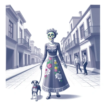 A Catrina figure, dressed in a traditional Mexican dress adorned with intricate floral patterns, is walking a small skeleton dog on a leash. The Catrina has a decorated skull face with colorful designs, including flowers and intricate line work. The city street is filled with buildings, showcasing a mix of architecture, with some featuring balconies and decorative facades. The ground is paved with cobblestones, and the scene includes a few passersby who are curiously observing the Catrina and her pet skeleton dog.