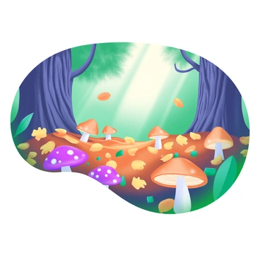 A dense forest floor is covered in a layer of vibrant fallen leaves in various shades of orange, yellow, and brown. Scattered throughout the scene are clusters of mushrooms with different shapes and sizes, some with white spots and others with earthy tones. Sunlight filters through the canopy above, casting gentle light on the foliage. The bark of nearby trees is textured and dark, creating a rich backdrop against the colorful leaves and mushrooms.