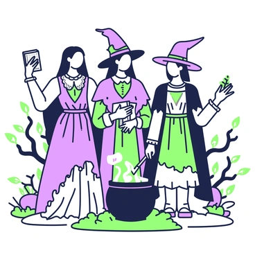 A group of three witches stands together, each adorned in tattered clothing reminiscent of the Shakespearean era. The first witch has long hair and wears a faded, frayed gown with lace details. She is holding an ancient spellbook in one hand while the other hand points towards the sky. The second witch has a crooked hat perched on her head and a patchwork cloak that drapes over her shoulders. She is stirring a bubbling cauldron with a wooden ladle, steam rising around her. The third witch wears a long, flowing skirt with an uneven hem and a tattered shawl. She clutches a handful of herbs in one hand and a small pouch in the other. The background features a dark, twisted forest with gnarled branches and an eerie mist swirling around their feet.