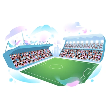 An iconic soccer stadium with towering stands filled with eager spectators. Colorful flags wave from the rafters, and vibrant banners hang proudly throughout the venue. The grass field is perfectly trimmed, with white lines marking the pitch. Groups of fans are wearing team jerseys in various colors, creating a lively atmosphere. The stadium lights are shining bright, illuminating the scene. The sky above is a gradient of pastel colors, reflecting the excitement of the day.