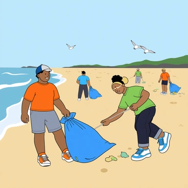 A diverse group of volunteers, including a young man with dark hair and a woman with blonde hair tied in a ponytail, are actively participating in a beach cleanup. They are wearing colorful t-shirts and hats to protect themselves from the sun. The young man is holding a large blue trash bag filled with collected debris, while the woman is bending down to pick up a piece of plastic waste. A few other volunteers can be seen in the background, searching the sandy beach for litter. The shoreline is visible with gentle waves lapping at the sand, and a few seagulls are flying in the clear blue sky.