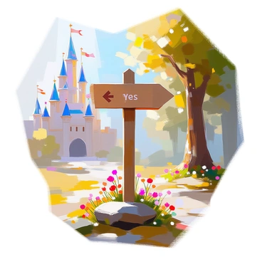 A whimsical fairy tale scene features a wooden signpost elegantly crafted with two distinct arrows. One arrow points to a grand castle, detailed with tall spires and colorful banners fluttering in the breeze, while the other arrow directs to a dense, enchanting forest filled with lush, green trees and soft, dappled sunlight filtering through the leaves. The signpost displays the word "Yes" on the arrow leading to the castle and "No" on the arrow pointing towards the forest. The landscape includes vibrant flowers blooming around the base of the signpost, adding a touch of color to the scene.