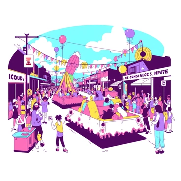 A vibrant southern city is bustling with a festive carnival atmosphere. Colorful floats are parading through the streets, adorned with bright decorations and various themes, showcasing intricate designs. Gleeful crowds filled with people of all ages are gathered along the sidewalks, some waving their hands in excitement, while others are taking pictures. Balloons in different shapes and sizes are floating above the crowd, adding to the lively ambiance. Street vendors are selling treats, and there are banners and streamers hanging overhead, enhancing the celebratory feel of the scene.