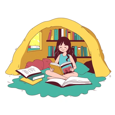 A yellow cozy burrow is surrounded by earthy textures and soft, warm lighting. Inside, there are shelves lined with colorful books, showcasing various titles and sizes. A girl with long brown hair is sitting cross-legged on a fluffy teal rug, surrounded by open books scattered around her. She is deeply engrossed in reading a large, vividly illustrated book, with a gentle smile on her face. Pillows in shades of teal and yellow are arranged around her, adding to the comfort of the space. A small window reveals a glimpse of a soft yellow light filtering in, enhancing the inviting atmosphere of the burrow.