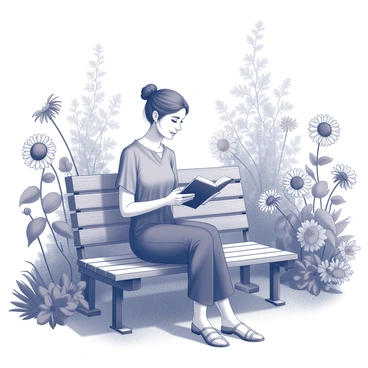 A woman sitting on a wooden bench in a lush garden. She is focused on a book in her hands, with her hair styled in a loose bun. The bench is surrounded by an array of blooming flowers, including tall sunflowers, delicate daisies, and vibrant roses. The garden is filled with various green plants and leafy shrubs, creating a natural, tranquil setting. Dappled sunlight filters through the leaves above, casting soft shadows on the ground around her.