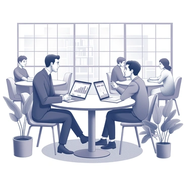 A financial advisor sitting at a shared table in a co-working space, engaged in conversation with a young entrepreneur. The advisor, dressed in a professional suit, is pointing to a laptop screen that displays financial graphs and data. The young entrepreneur, wearing casual attire, looks attentive and is taking notes on a notepad. Various plants are placed around the space, providing a lively atmosphere. The background includes shelves filled with books and other entrepreneurs working at different tables. Natural light pours in through large windows, illuminating the scene.